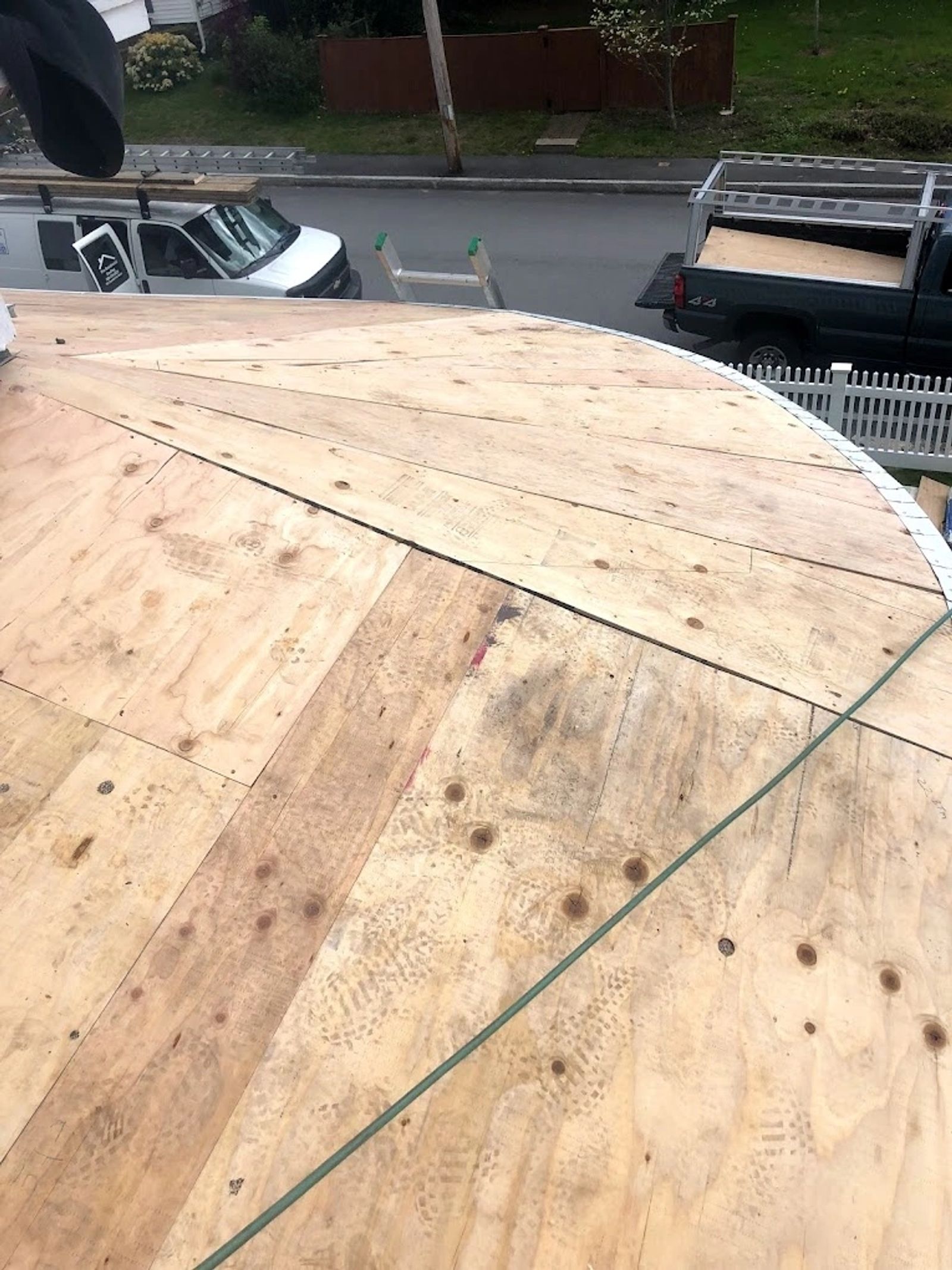Roof plywood deck with safety cone marker